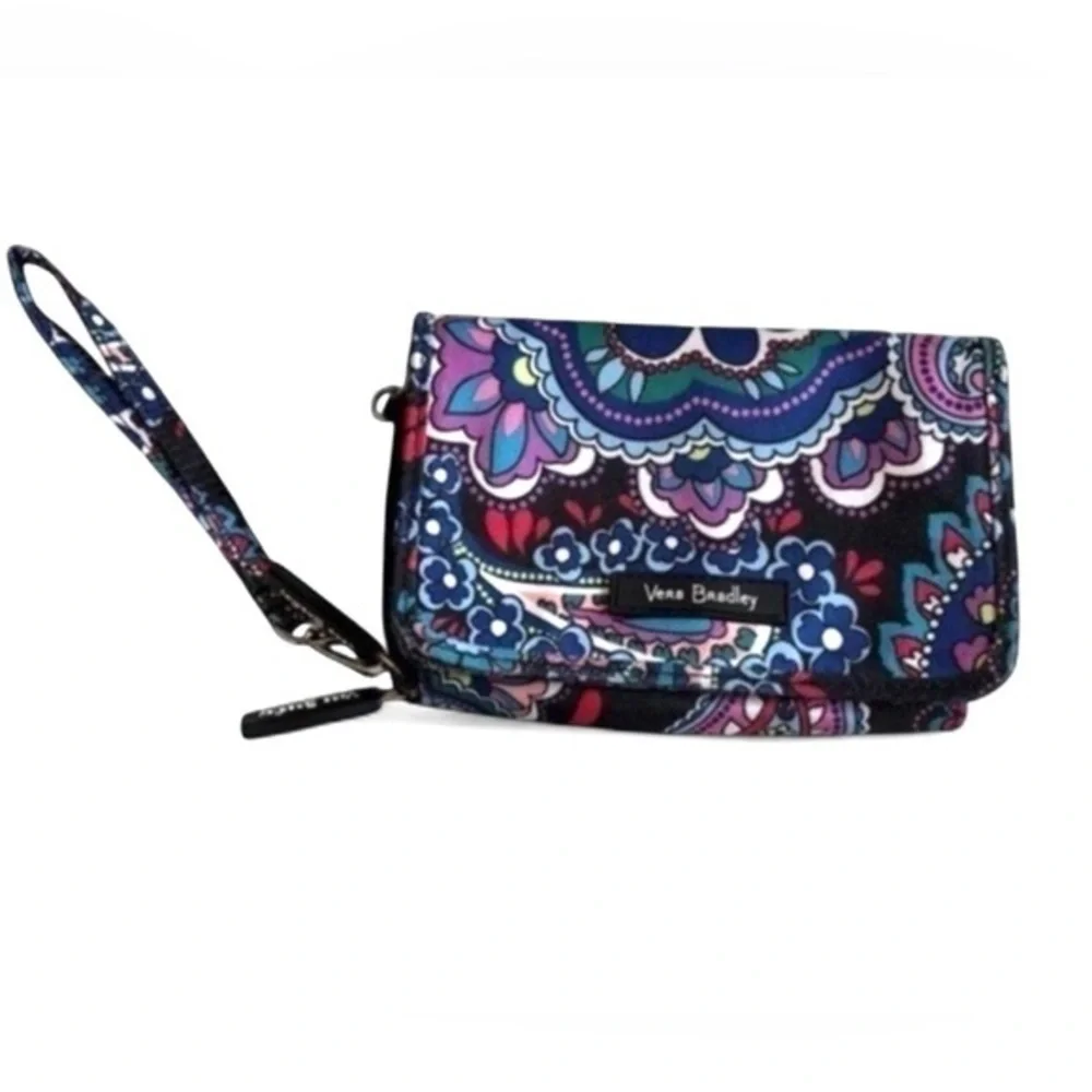 Vera Bradley RFID Tech Small Zip Wristlet Wallet Floral Paisley Clutch Blue